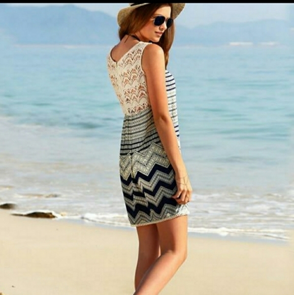 Bohemian Style Print Lace Patchwork Dress Medium - Picture 2 of 5